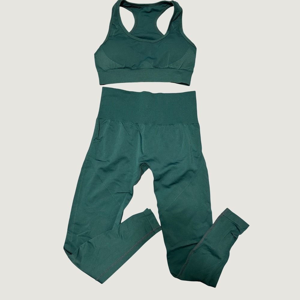 Seamless Activewear Set Forest Green Sports Bra and High Waisted Leggings Size L
